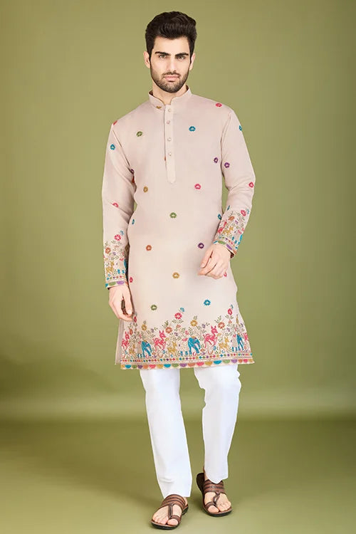 Ivory Designer Viscose Silk Kurta with Thread Work