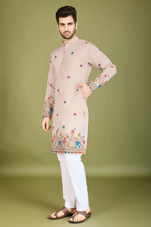 Ivory Designer Viscose Silk Kurta with Thread Work