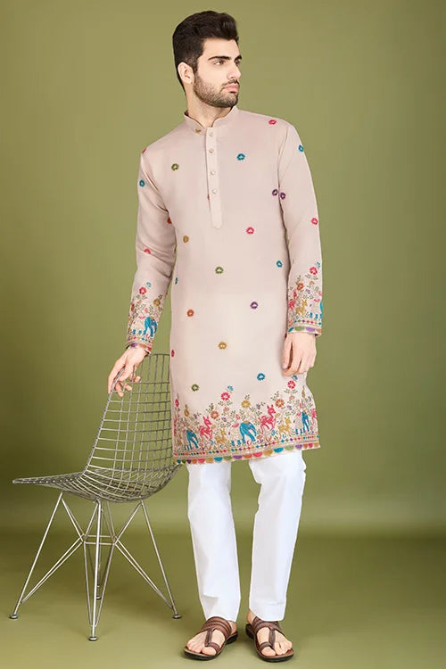 Ivory Designer Viscose Silk Kurta with Thread Work