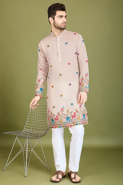 Ivory Designer Viscose Silk Kurta with Thread Work