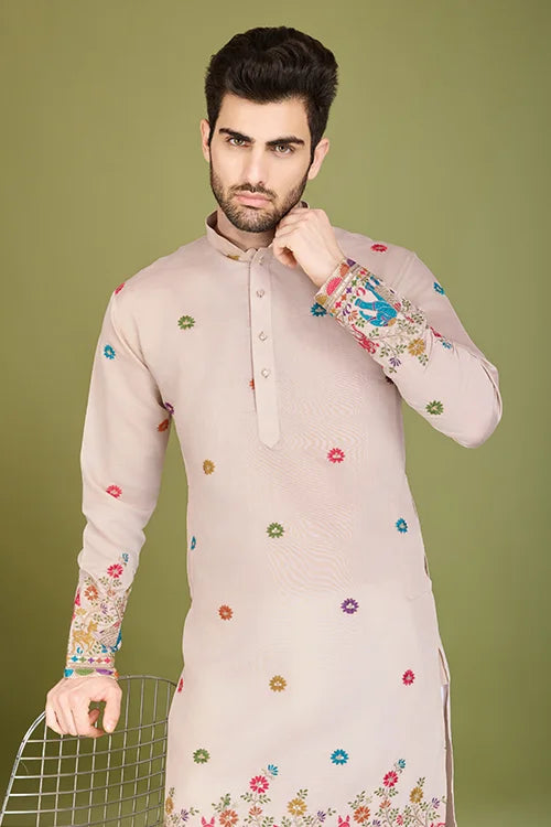 Ivory Designer Viscose Silk Kurta with Thread Work