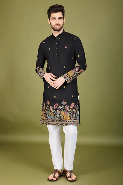 Men's Wear Kurta Black Color Heavy Embroidered with Cotton Fabric