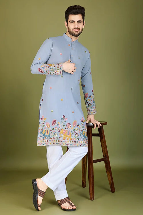 Men's Wear Kurta Sky Color Heavy Embroidered with Cotton Fabric