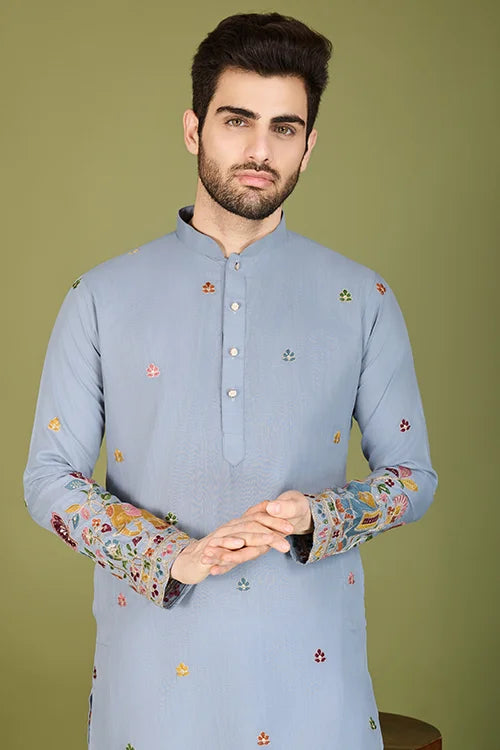 Men's Wear Kurta Sky Color Heavy Embroidered with Cotton Fabric