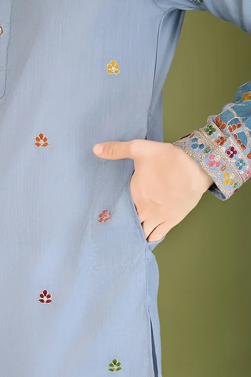 Men's Wear Kurta Sky Color Heavy Embroidered with Cotton Fabric