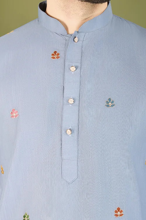 Men's Wear Kurta Sky Color Heavy Embroidered with Cotton Fabric