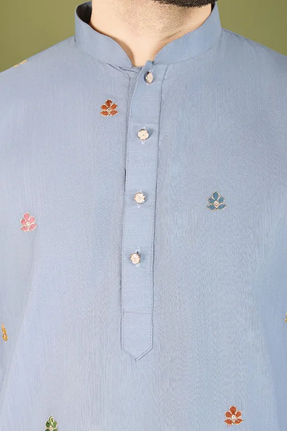 Men's Wear Kurta Sky Color Heavy Embroidered with Cotton Fabric