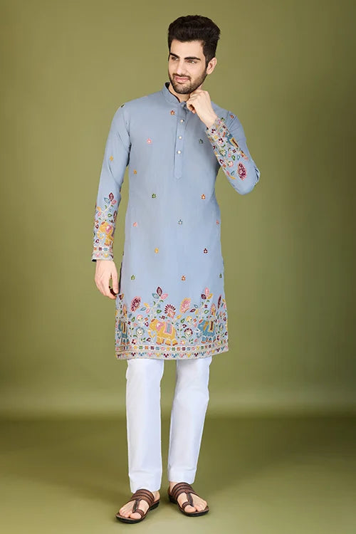 Men's Wear Kurta Sky Color Heavy Embroidered with Cotton Fabric