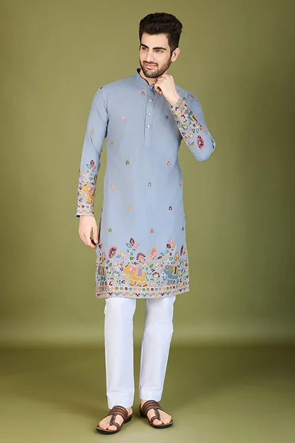 Men's Wear Kurta Sky Color Heavy Embroidered with Cotton Fabric