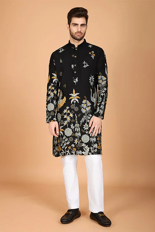 Black Designer Viscose Rayon Thread Work Kurta Men's Kurta Online