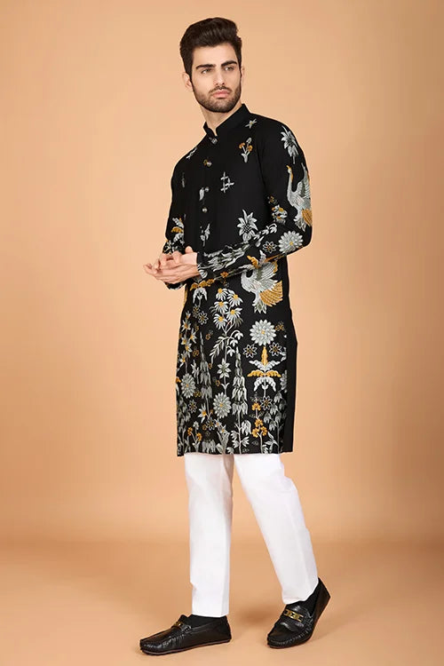 Black Designer Viscose Rayon Thread Work Kurta Men's Kurta Online
