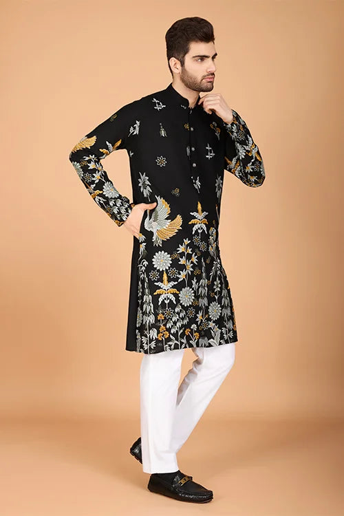 Black Designer Viscose Rayon Thread Work Kurta Men's Kurta Online