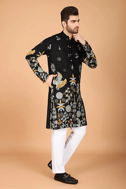 Black Designer Viscose Rayon Thread Work Kurta Men's Kurta Online