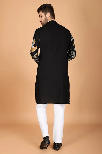 Black Designer Viscose Rayon Thread Work Kurta Men's Kurta Online