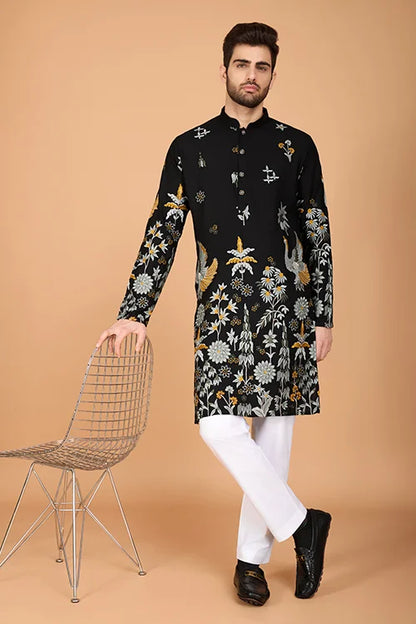 Black Designer Viscose Rayon Thread Work Kurta Men's Kurta Online