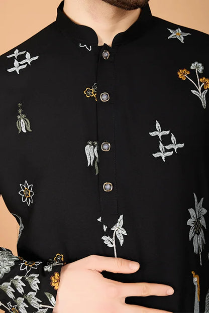 Black Designer Viscose Rayon Thread Work Kurta Men's Kurta Online