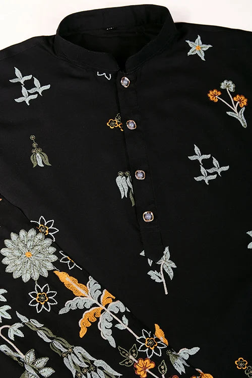 Black Designer Viscose Rayon Thread Work Kurta Men's Kurta Online