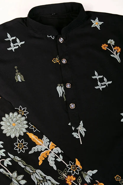 Black Designer Viscose Rayon Thread Work Kurta Men's Kurta Online
