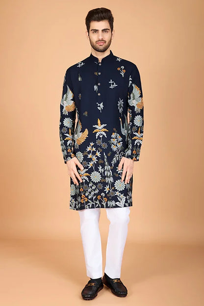Navy Blue Designer Viscose Rayon Thread Work Kurta Men's Kurta Online