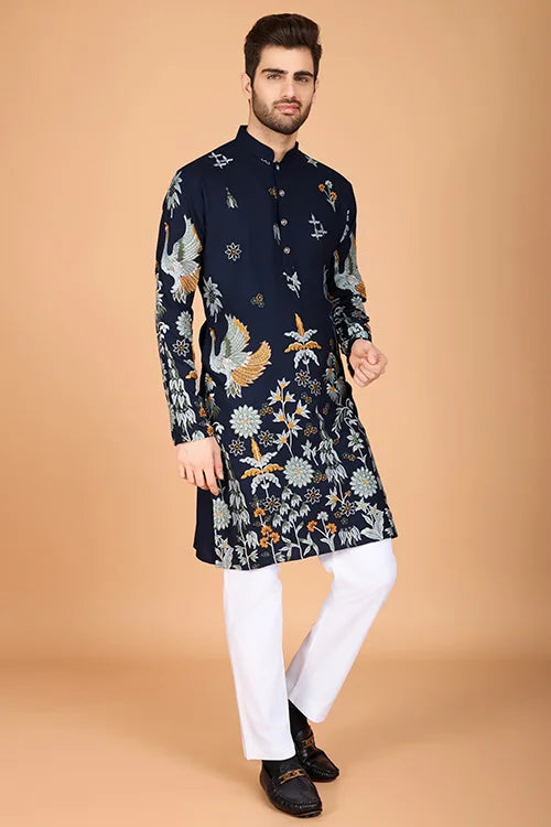 Navy Blue Designer Viscose Rayon Thread Work Kurta Men's Kurta Online