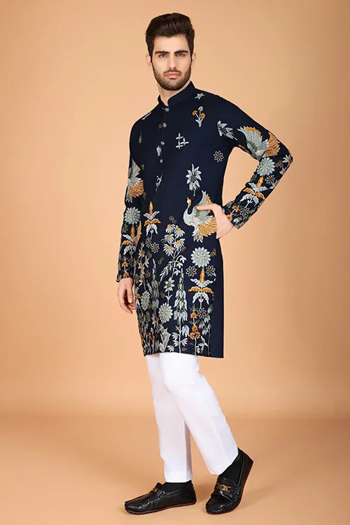 Navy Blue Designer Viscose Rayon Thread Work Kurta Men's Kurta Online