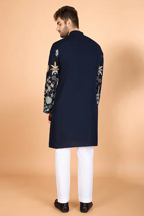 Navy Blue Designer Viscose Rayon Thread Work Kurta Men's Kurta Online