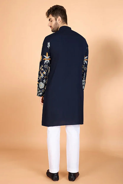 Navy Blue Designer Viscose Rayon Thread Work Kurta Men's Kurta Online