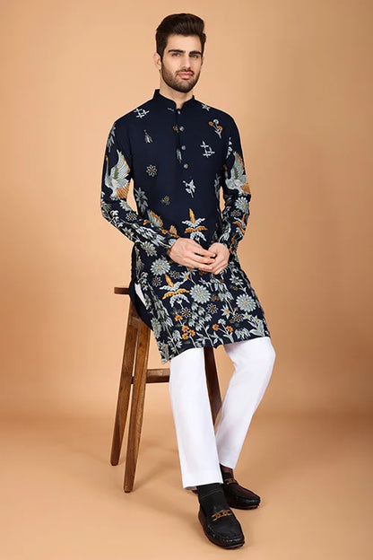 Navy Blue Designer Viscose Rayon Thread Work Kurta Men's Kurta Online