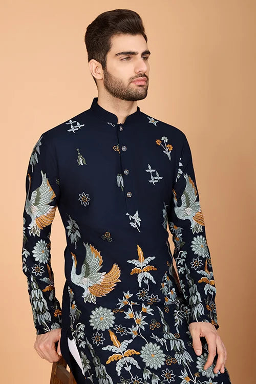 Navy Blue Designer Viscose Rayon Thread Work Kurta Men's Kurta Online