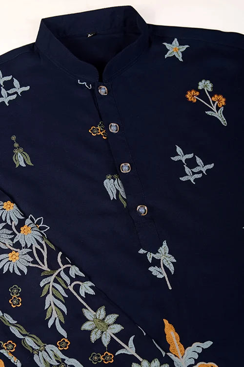 Navy Blue Designer Viscose Rayon Thread Work Kurta Men's Kurta Online