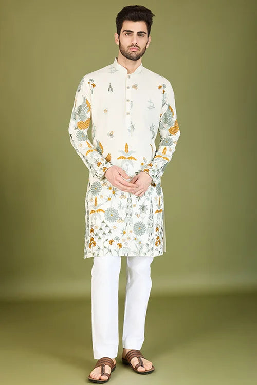 White Designer Viscose Rayon Floral Thread Work Kurta Men's Kurta Online