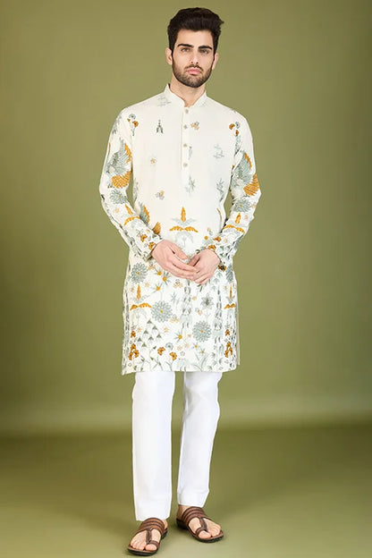 White Designer Viscose Rayon Floral Thread Work Kurta Men's Kurta Online