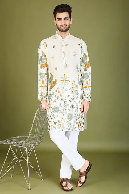 White Designer Viscose Rayon Floral Thread Work Kurta Men's Kurta Online