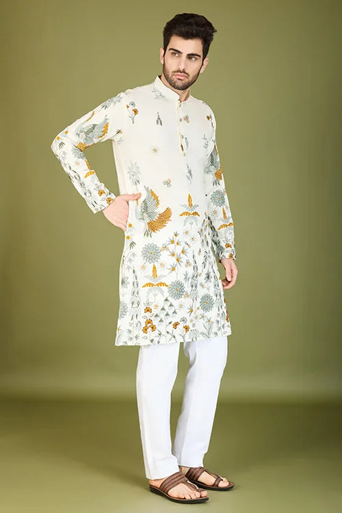 White Designer Viscose Rayon Floral Thread Work Kurta Men's Kurta Online
