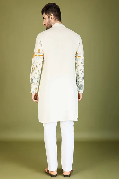 White Designer Viscose Rayon Floral Thread Work Kurta Men's Kurta Online