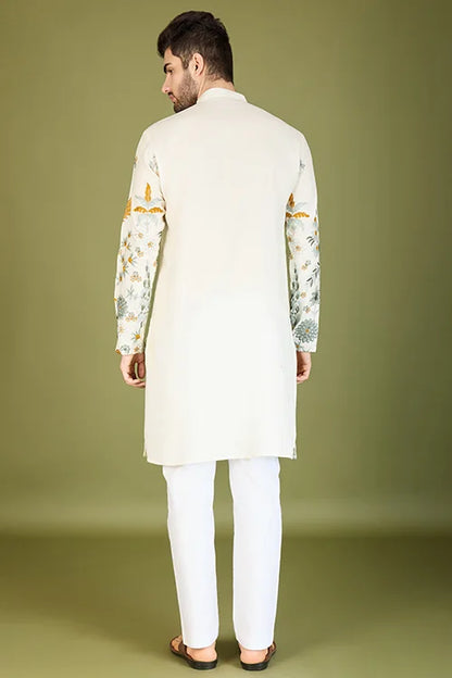 White Designer Viscose Rayon Floral Thread Work Kurta Men's Kurta Online