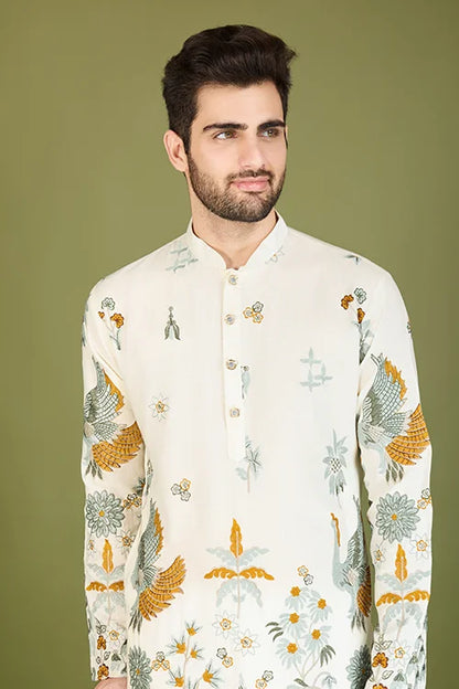 White Designer Viscose Rayon Floral Thread Work Kurta Men's Kurta Online