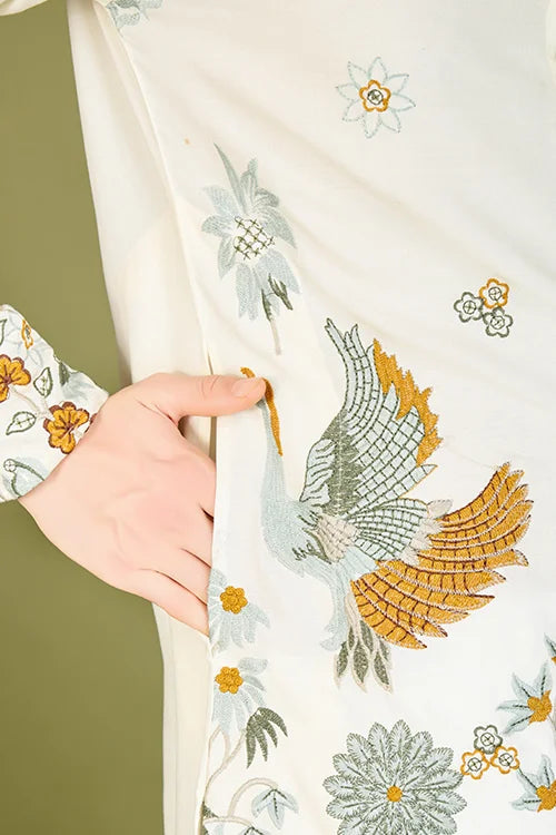 White Designer Viscose Rayon Floral Thread Work Kurta Men's Kurta Online