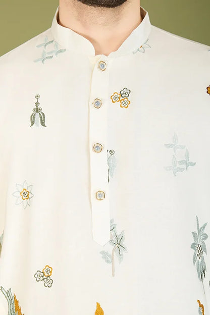 White Designer Viscose Rayon Floral Thread Work Kurta Men's Kurta Online