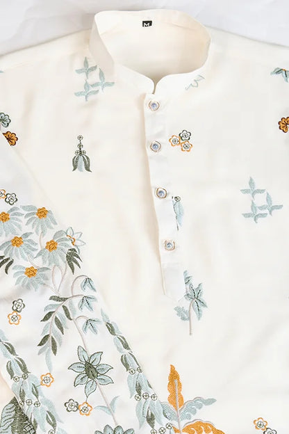White Designer Viscose Rayon Floral Thread Work Kurta Men's Kurta Online