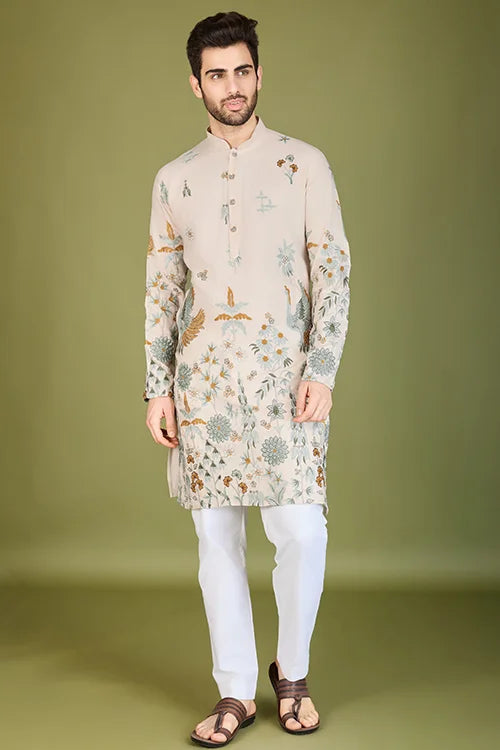 Ivory Designer Viscose Rayon Thread Work Kurta Men's Kurta Online