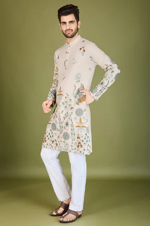 Ivory Designer Viscose Rayon Thread Work Kurta Men's Kurta Online