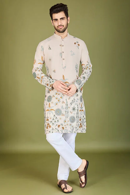 Ivory Designer Viscose Rayon Thread Work Kurta Men's Kurta Online