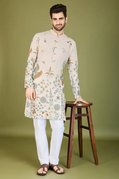 Ivory Designer Viscose Rayon Thread Work Kurta Men's Kurta Online