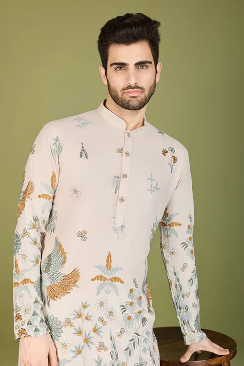 Ivory Designer Viscose Rayon Thread Work Kurta Men's Kurta Online