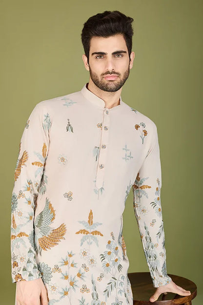 Ivory Designer Viscose Rayon Thread Work Kurta Men's Kurta Online