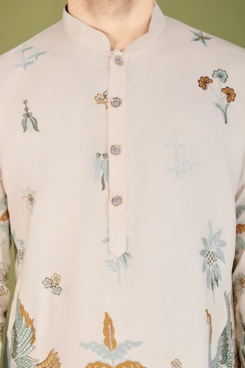 Ivory Designer Viscose Rayon Thread Work Kurta Men's Kurta Online