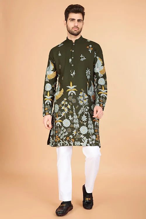 Olive Green Designer Viscose Rayon Thread Sequence Work Kurta Men's Kurta Haldi Festivel