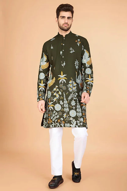 Olive Green Designer Viscose Rayon Thread Sequence Work Kurta Men's Kurta Haldi Festivel