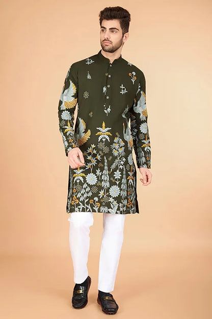 Olive Green Designer Viscose Rayon Thread Sequence Work Kurta Men's Kurta Haldi Festivel